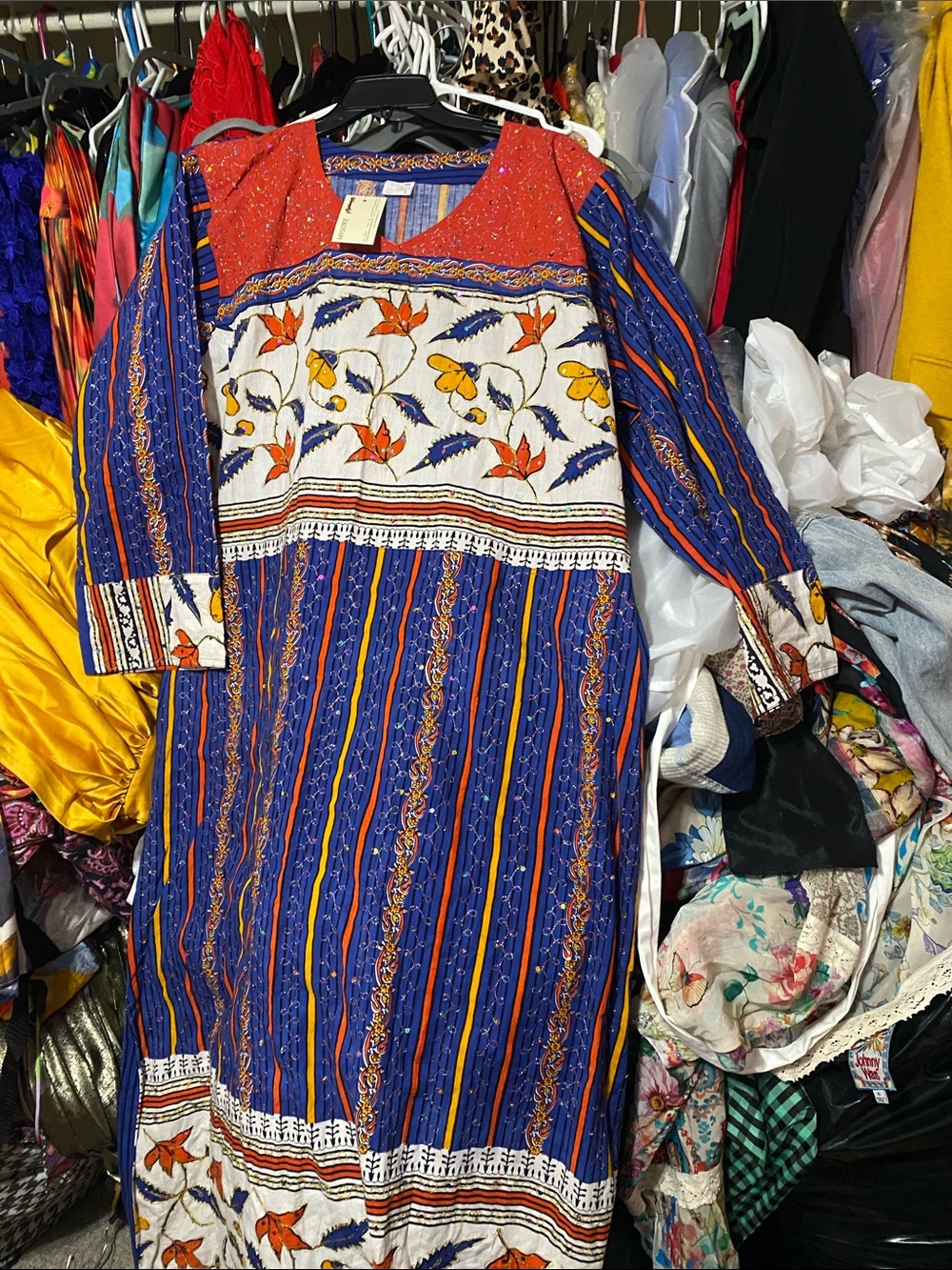 Boho Floral Stripe Maxi Dress in Blue and Orange